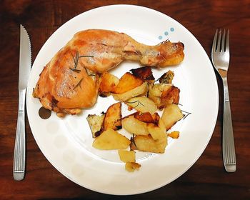 High angle view of food served in plate on table