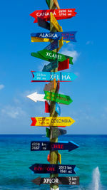 Low angle view of sign on beach against sky