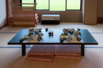 High angle view of table by window at home