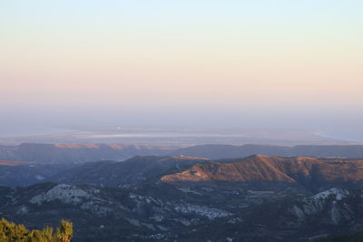 High angle view of landscape against sky during sunset