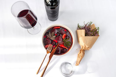 High angle view of food on table