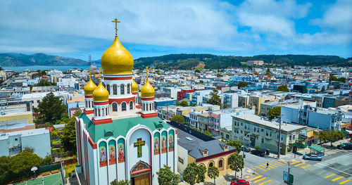 High angle view of townscape against sky