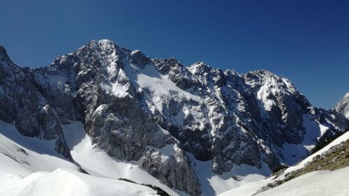 Scenic view of snowcapped mountains against clear blue sky