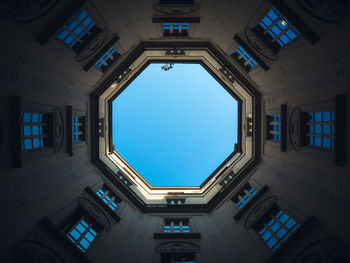 Low angle view of building against clear blue sky