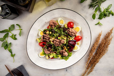 High angle view of food in plate on table