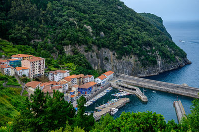 High angle view of townscape by sea