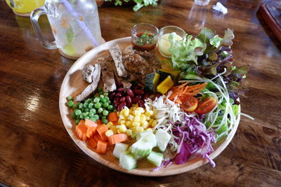 High angle view of meal served on table