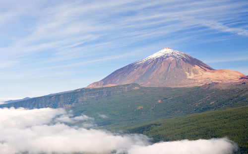 View of volcanic mountain against cloudy sky