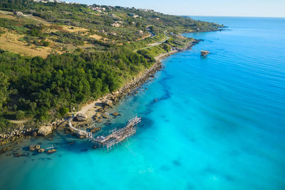 Aerial view of two trabocchi on the coast of marina di vasto abruzzo