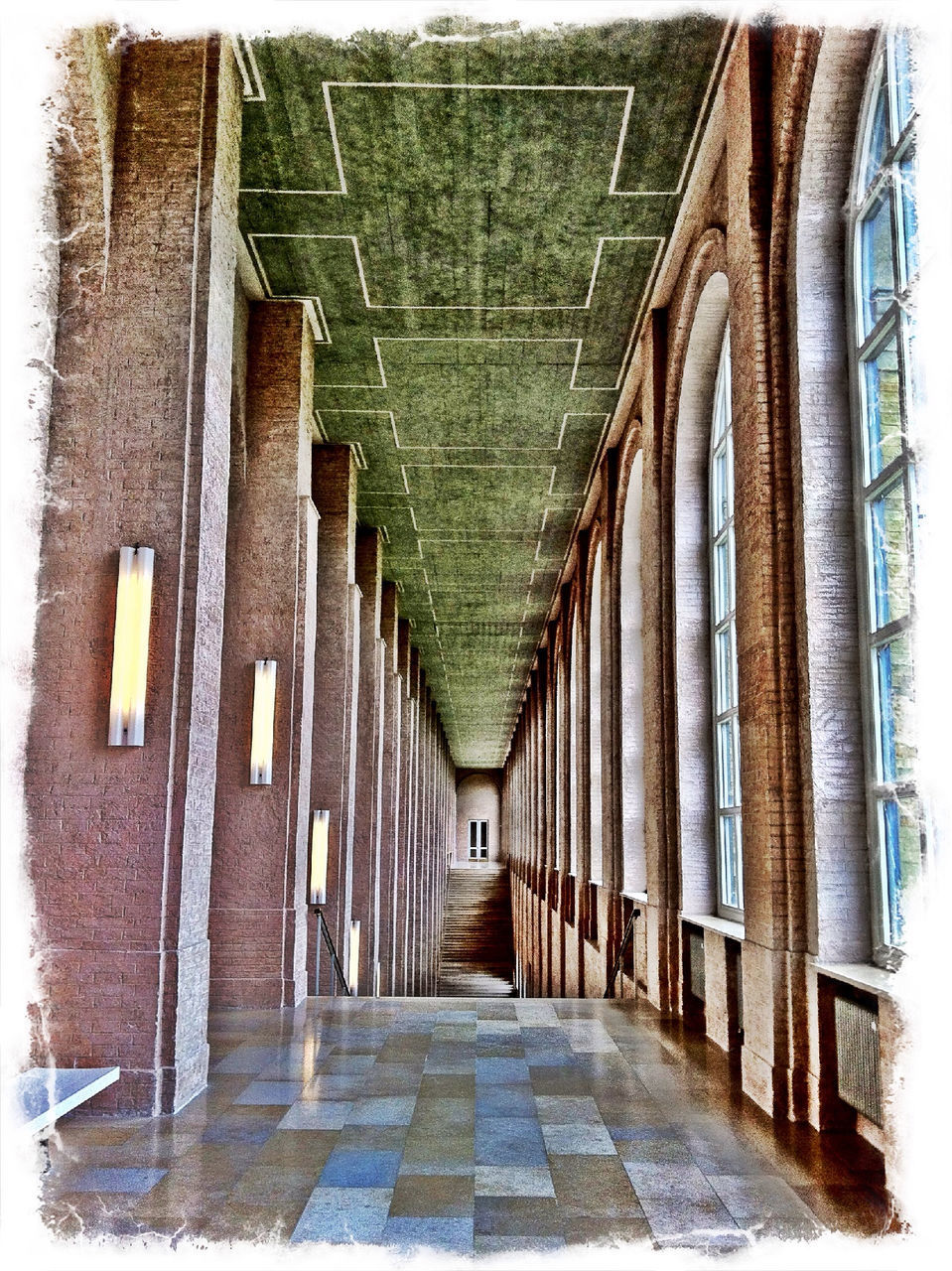 architecture, built structure, building exterior, the way forward, colonnade, diminishing perspective, corridor, architectural column, in a row, transfer print, column, arch, building, history, narrow, auto post production filter, day, old, vanishing point, indoors
