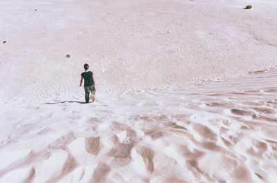 Rear view of woman walking at sandy beach on sunny day