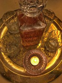 High angle view of wine glasses on table