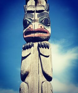 Low angle view of statue against wooden post against sky