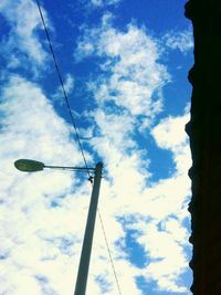 Low angle view of power lines against cloudy sky