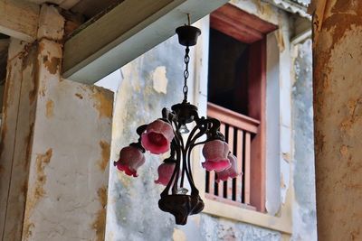 Low angle view of hanging light against building
