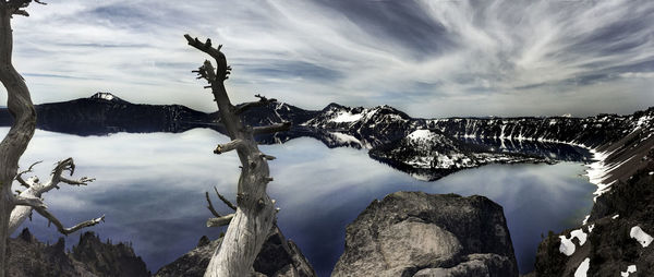 Scenic view of mountains against cloudy sky