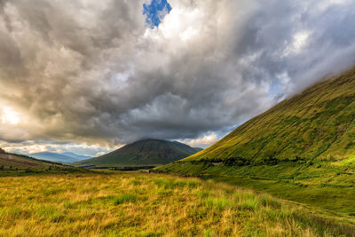 Scenic view of field against cloudy sky