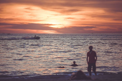 Dog on beach against sky during sunset