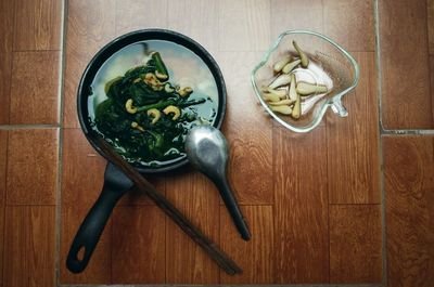 High angle view of chopped vegetables on cutting board