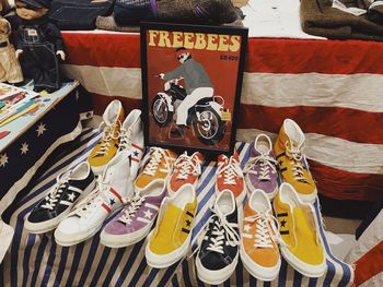 High angle view of shoes for sale at market