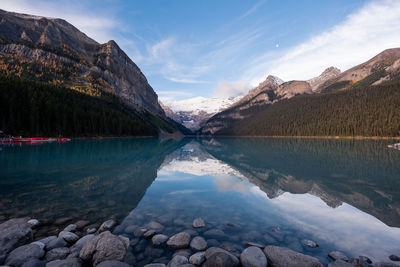 Scenic view of lake and mountains against sky