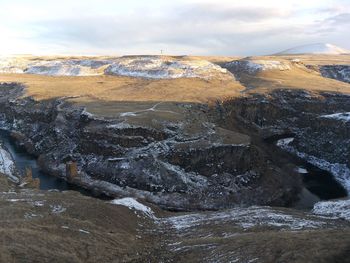 Aerial view of snowcapped mountains against sky