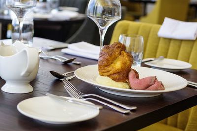 High angle view of food in plate on table