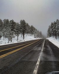 Road by trees against sky during winter