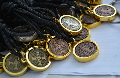 High angle view of coins on table