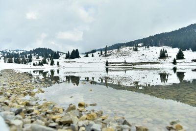 Scenic view of lake against sky during winter