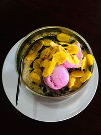 High angle view of ice cream in bowl on table