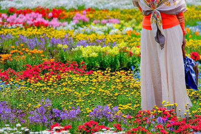 Rear view of woman standing by flowering plants