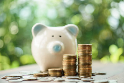 Close-up of coins on table