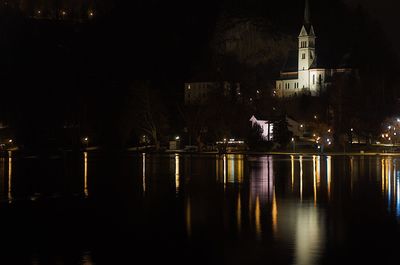 Reflection of illuminated buildings in city at night