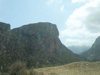 Scenic view of mountains against cloudy sky