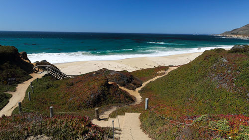 High angle view of sea against clear sky