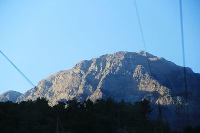 Low angle view of mountain against clear blue sky