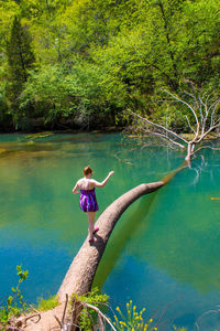 Rear view of woman walking on tree trunk over lake