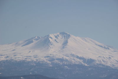 Scenic view of snowcapped mountains against clear sky