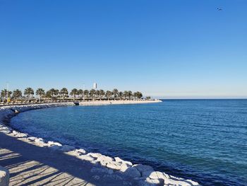 Scenic view of sea against clear blue sky