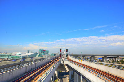 Panoramic view of bridge over road against blue sky