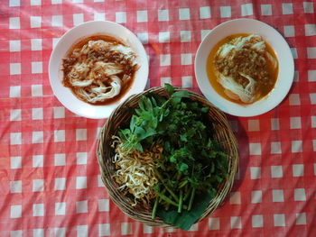 High angle view of breakfast served on table