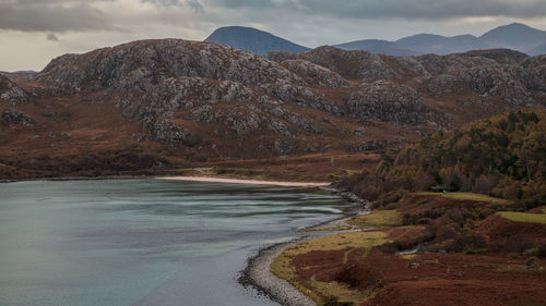 Scenic view of lake and mountains against sky