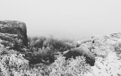 Scenic view of snow covered land against sky