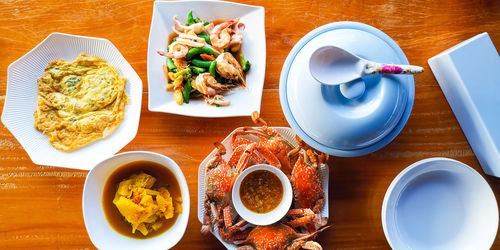 High angle view of breakfast served on table