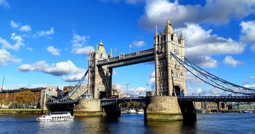 View of bridge over river against cloudy sky