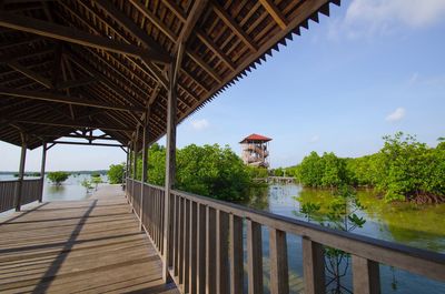 Footbridge over river against sky