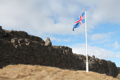Low angle view of icelandic flag against sky