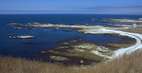 Aerial view of sea against blue sky