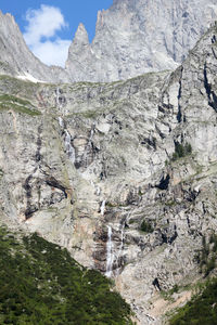 Low angle view of rocky mountains against sky